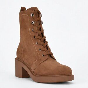 NIB Bandolino Gibson Ankle Boots Lace Up Side Zip Block Heel Brown Faux Suede 7